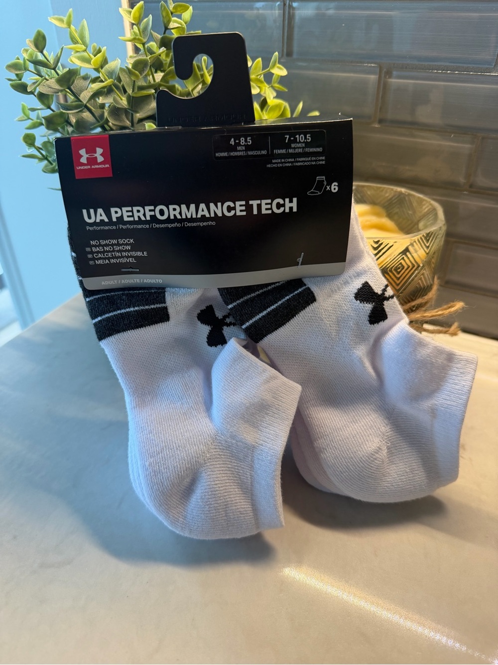 Under Armour White No-Show Performance Socks with Black Logo